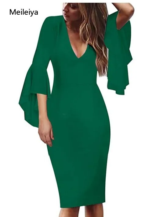 

2019 New Summer Dress Green Sexy Deep V Horn Sleeve Waist Dress