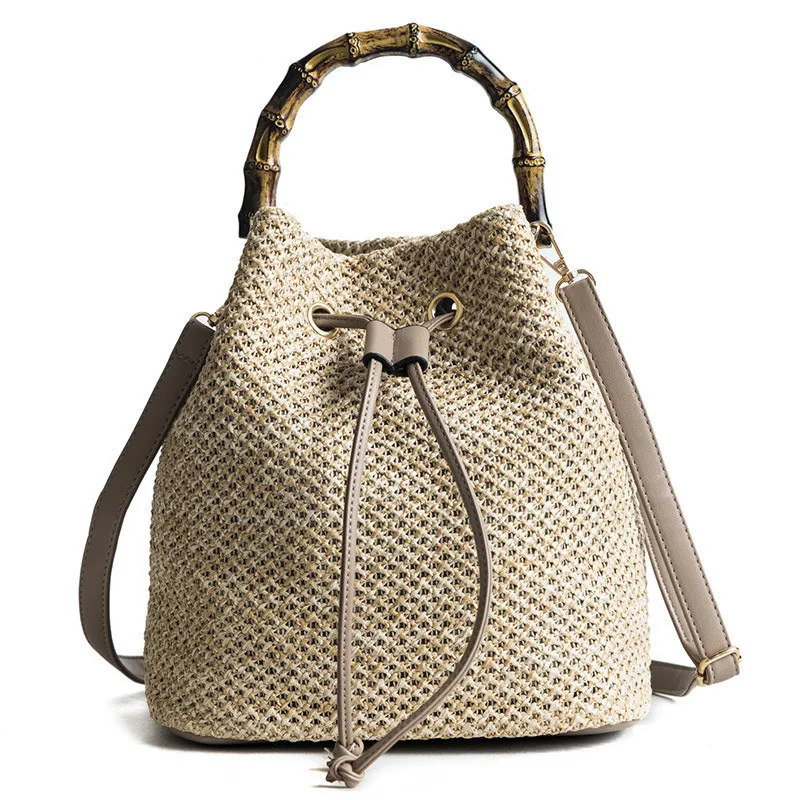 

Women Bucket String Beach Bags Summer Knitting Straw Bag Female Shoulder Bag Bamboo Handle Handbag Messenger Crossbody Bags J5