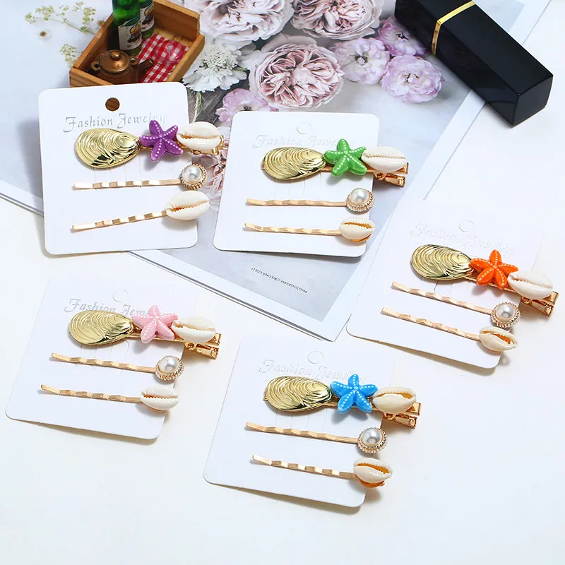 

3PCS Vintage Women Barrette Set Beach Metal Shell Starfish Conch Bohemian Boho Head Jewelry for Woman Hair Accessories Clip Pins
