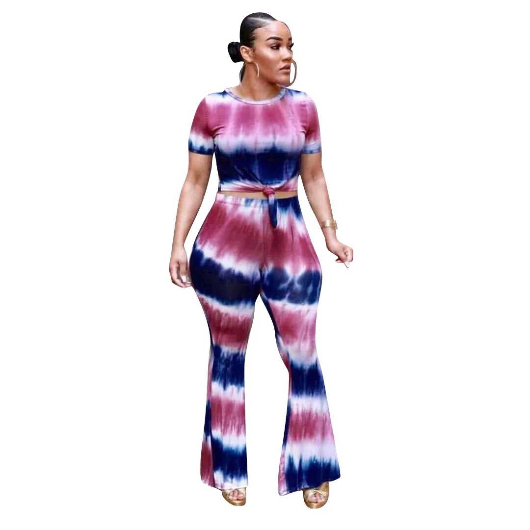 Plus Size Summer 2 Piece Set Women Tie Dye Flare Pants Set Short Sleeve