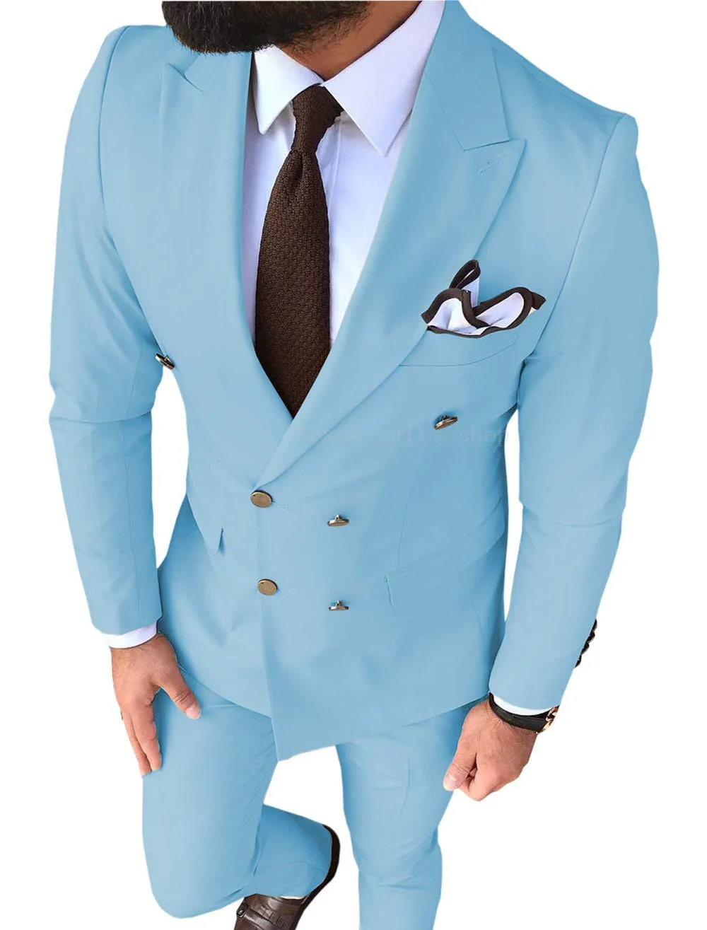 

Sky Blue Double Breasted Suits Fashion Men Suits High Quality Custome Homme Terno Slim Fit Masculino Handsome(Jacket+Pants)