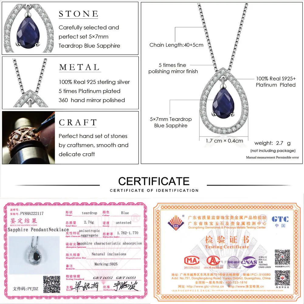 LAMOON 5X7mm Teardrop 100% Real Blue Sapphire 925 Sterling Silver Chain Pendant Necklace Jewelry S925 LMNI059 - Image 6