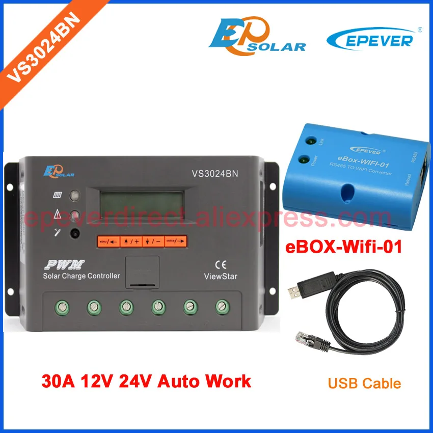 24V 12V Auto Solar Panel Battery Charge Controller 30A VS3024BN PWM LCD Display Solar Regulator with USB cable and wifi BOX 24V 12V Auto Solar Panel Battery Charge Controller 30A VS3024BN PWM LCD Display Solar Regulator with USB cable and wifi BOX
