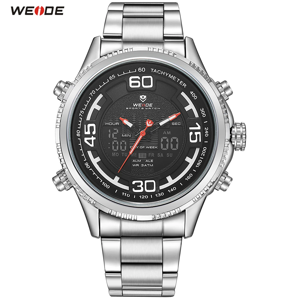 

Fashion WEIDE LED Functional Men Watch Sport Watch Men Digital Quartz Watch Steel Bracelet Clasp Stopwatch Waterproof Wristwatch