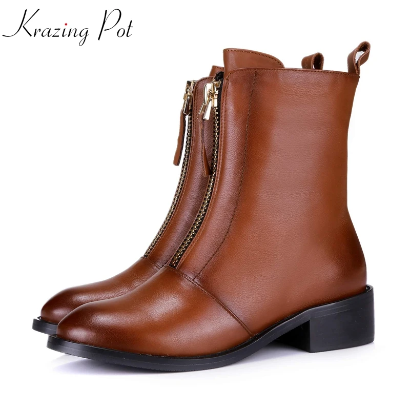 

Krazing Pot hot selling natural cow leather thick heels fashion dating dress streetwear beauty zipper decoration ankle boots L15
