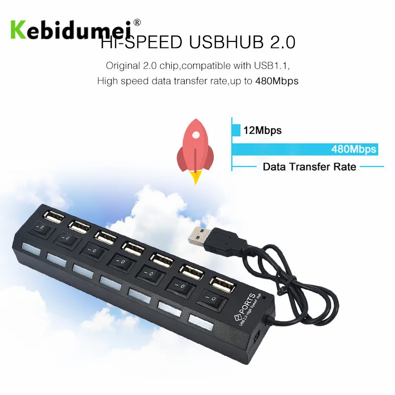 Kebidumei 4/7 портов usb-хаб светодиодный USB Высокоскоростной адаптер 480 Мбит/с usb-хаб разветвитель с выключателем питания для ПК ноутбука