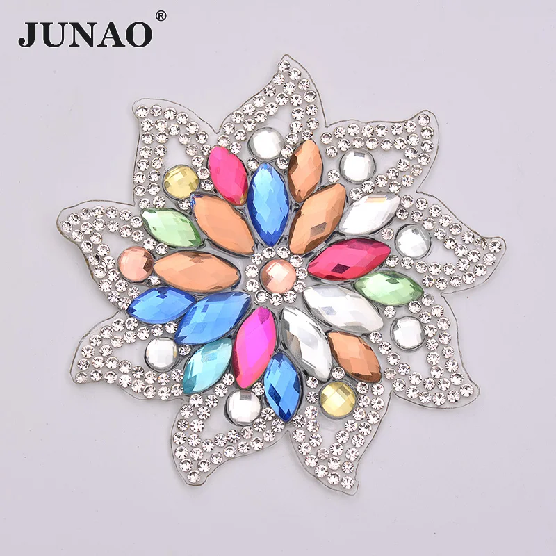 

JUNAO 1pc 75mm Mix Color Glass Rhinestones Flower Patches Crystal Beads Applique Iron On Patches Hotfix Motifs for Clothes Pants