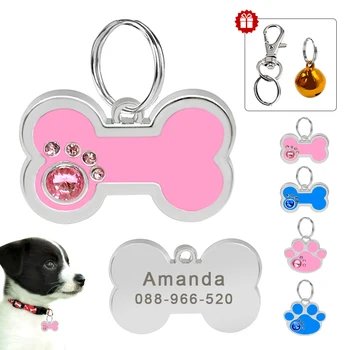 

Personalized Dog ID Tag Pet Dog Accessories Customized Rhinestone Bone Paw Shape Name Tag Plate Collar Decoration