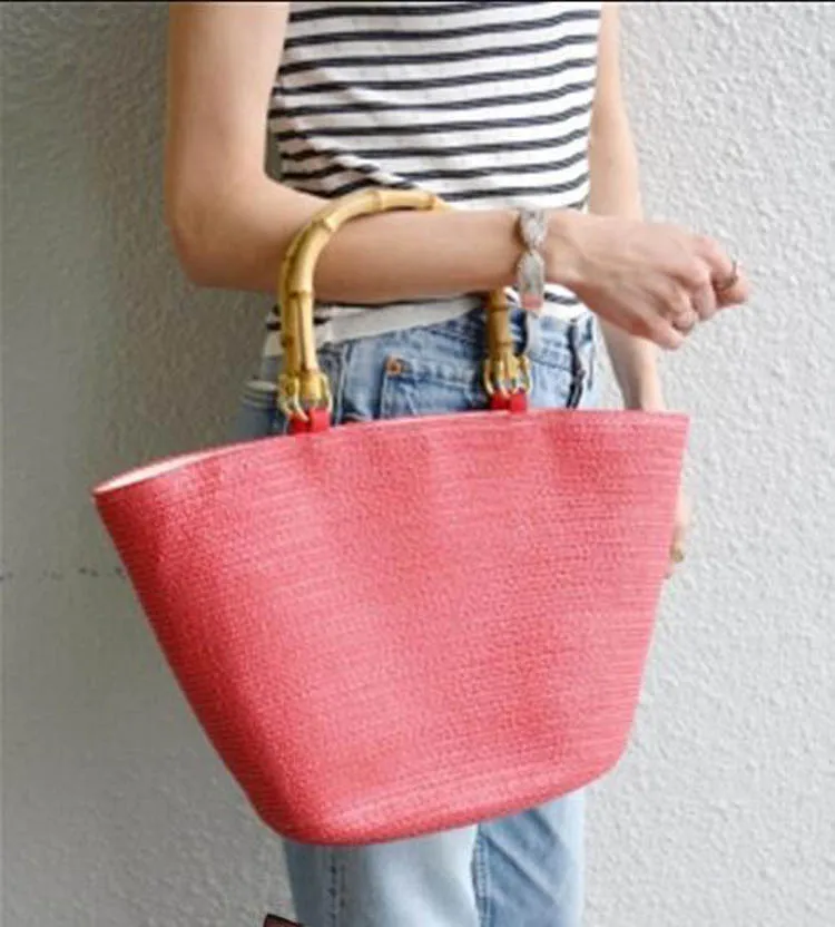 Модная повседневная женская сумка на плечо, цветная полосатая соломенная сумка с бамбуковой ручкой, ПП тканая сумка с травой - Цвет: red