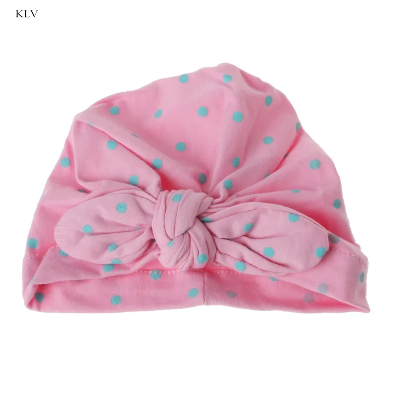 KLV, милая хлопковая шапка в горошек с бантом для маленьких девочек, детская чалма карамельного цвета, Детские аксессуары