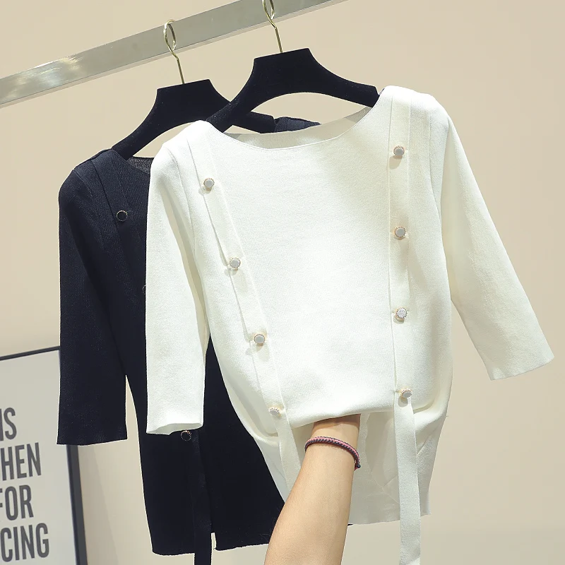 

2019 New Arrival Regular Korean Kpop Unicorn T-shirts Women Cotton Knitted Spring Sleeve Button Summer Solid New Style O-neck