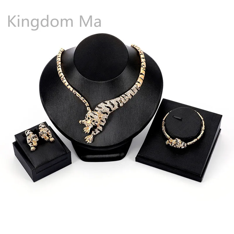 

Kingdom Ma Nigerian African Wedding Brides Personality Big Jewelry Set Crystal Dubai Gold Tiger Necklace Earrings Jewelry Set