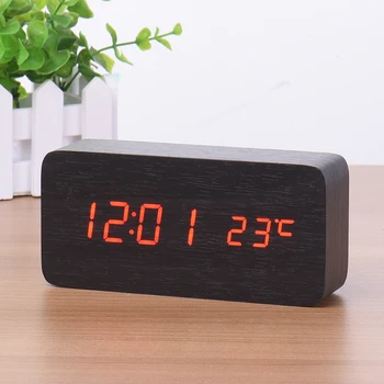 

Wooden LED Digital USB Alarm Clock Temperature Kids Bedroom Electronic Sound Control Square Desktop Table Clock Decor 6NZ060