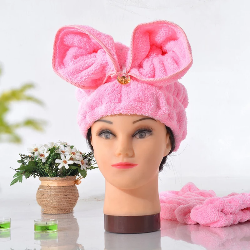 New Quickly Dry Hair Hat Wrapped Towel Microfiber Hair Turban Bath With Cute Rabbit Ears