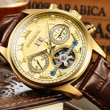 Роскошные позолоченные часы Мужские автоматические сапфировое стекло Tourbillon с полым циферблатом коричневый кожаный ремешок часы reloj relogio 5 ATM