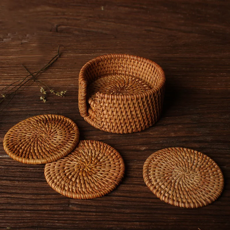  Coasters Placemat Pad Kitchen Table Mats rattan coaster Bowl Mats Padding Mat Insulation Pad Round 