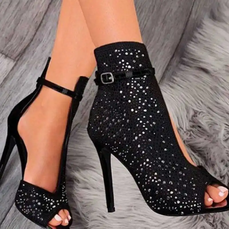 

Women's Sandals 2019 New Pumps Ankle buckle Leaking toe High Heels Sandals Sexy Women's Stiletto mid Shoes Diamond Sandals