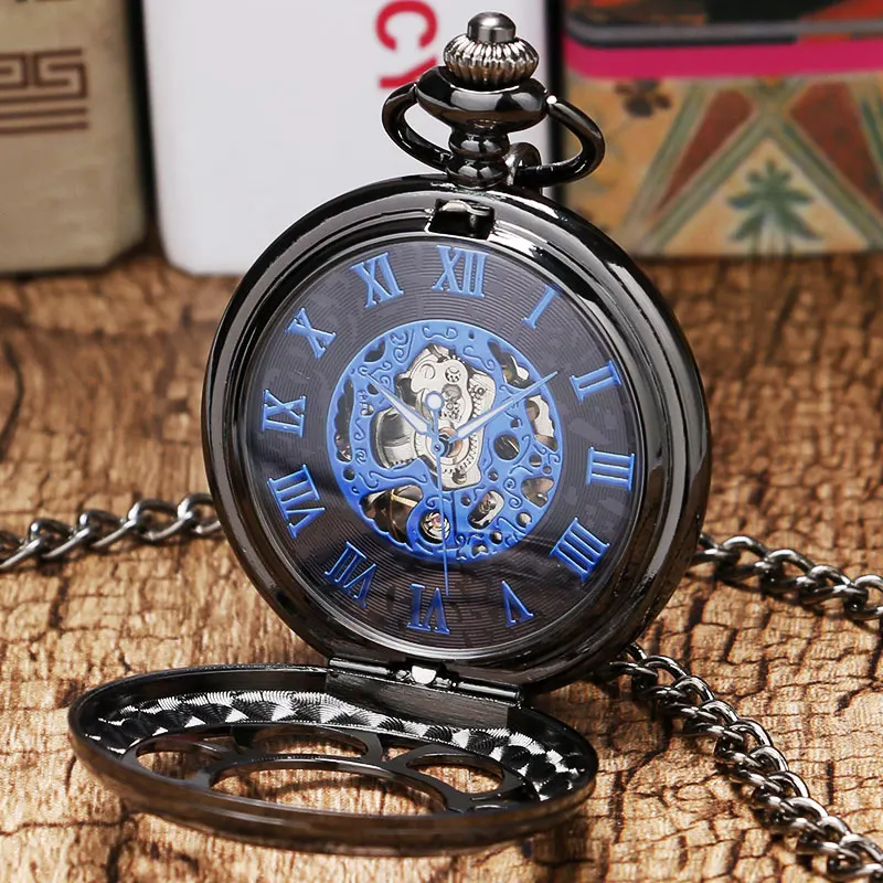 Men Mechanical Watches Wind up Pocket Watch Big Pendant Hollow Flower Clock Round Exquisite Dial Steampunk 2