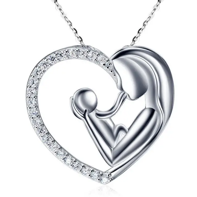 Fashion Hollow Love Heart Mom Pendant Necklace Silver Color Jewelry Zircon Gifts Necklace For Mother 6