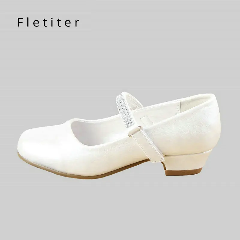 Princess Kids Genuine Leather Shoes For Girls Crystal Casual Glitter Children 2.5cm Low Heel Girls White Party Shoes Fletiter