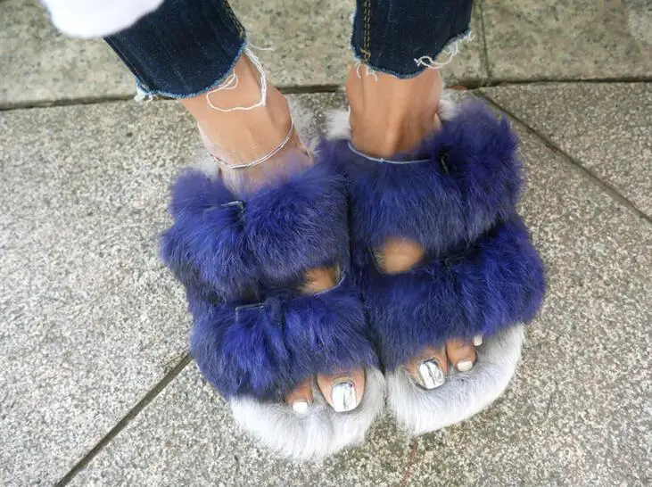 New Fashion Blue/Gray Fur Buckles Women Slip On Sandals Sexy Open Toe
