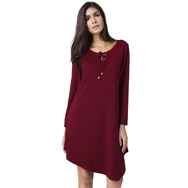 2017 Women Dress Long Sleeve Cropped O Neck Bandage Red Dresses Casual Loose Fashion Daily Dress Ladies Girls Skater Dress XXL
