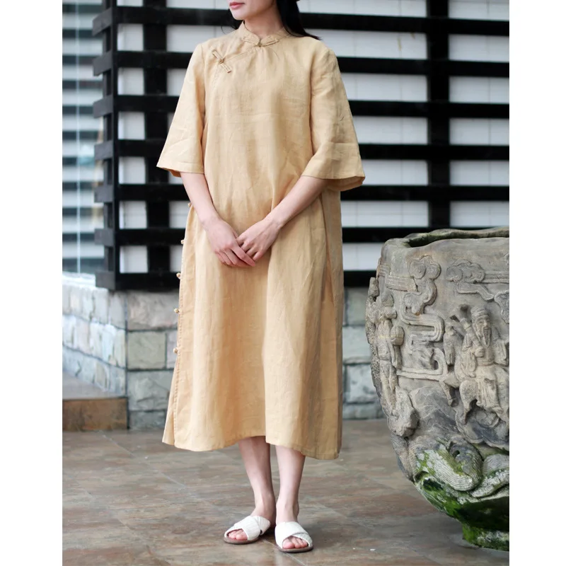 Весенне-летнее платье-Ципао с короткими рукавами и пуговицами в китайском стиле, платье с воротником-стойкой - Цвет: Бежевый