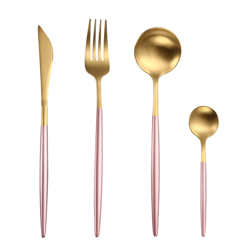 Набор столовых приборов Десертные Вилки Ножи Ложки палочки для еды нержавеющая сталь столовое серебро стейк посуда матовые серебряные столовые приборы посуда - Цвет: pink gold