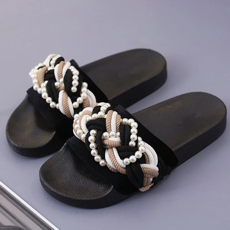

Women Slippers Home Female Flat Ladies Woman Shoes New Slip On Slides Beach Summer Flip Flops Bead Pearl Fashion Slippers Sandal
