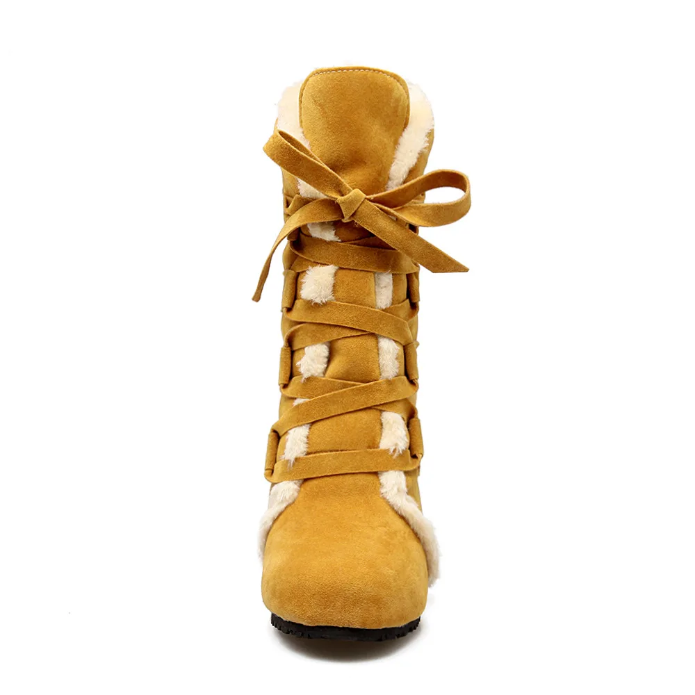 GOXPACER/зимние женские ботинки; зимние ботинки с круглым носком и бабочкой на среднем каблуке; теплые женские модные ботинки на танкетке; Платформа со шнуровкой; большие размеры