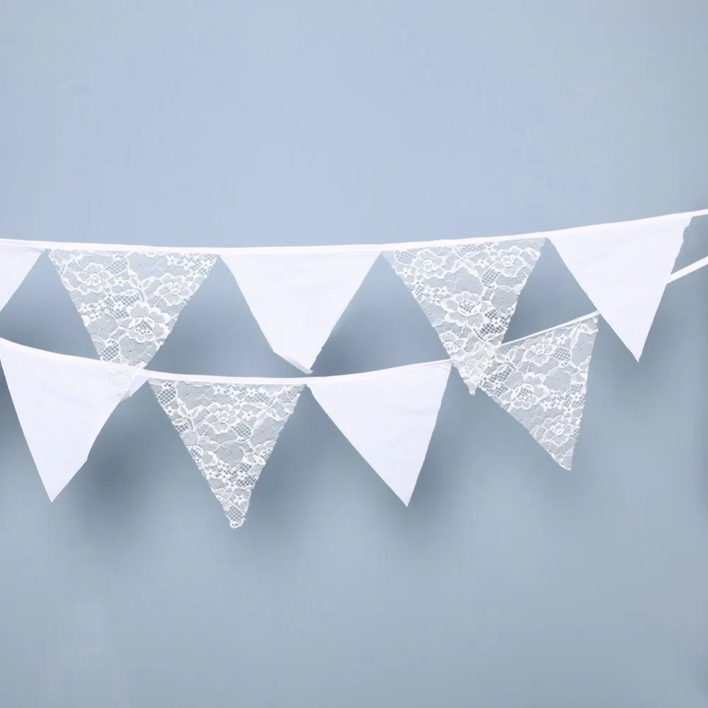 

12 Flags 3.2m White Lace Cotton Fabric Bunting Pennant Flag Banner Garland Wedding/Birthday/Baby Show Party Decorative Accessory