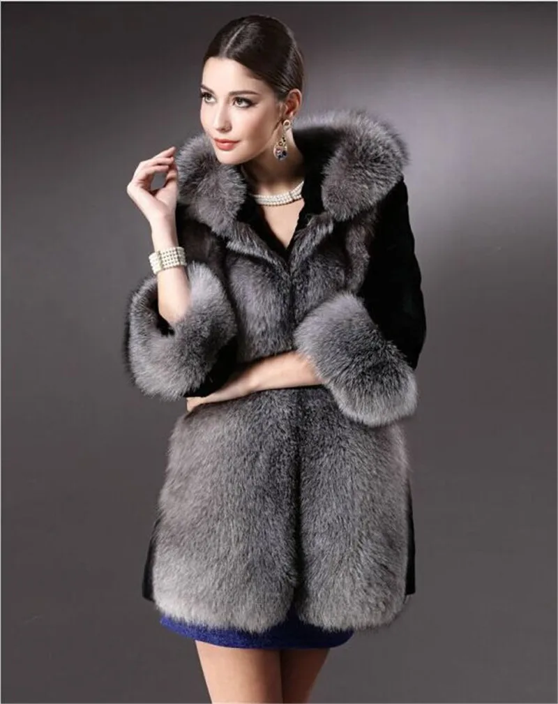 Пальто с искусственным мехом для женщин осенние и зимние silver fox Шуба Большие размеры черной норки сращивания Топ Теплая дутая куртка с капюшоном