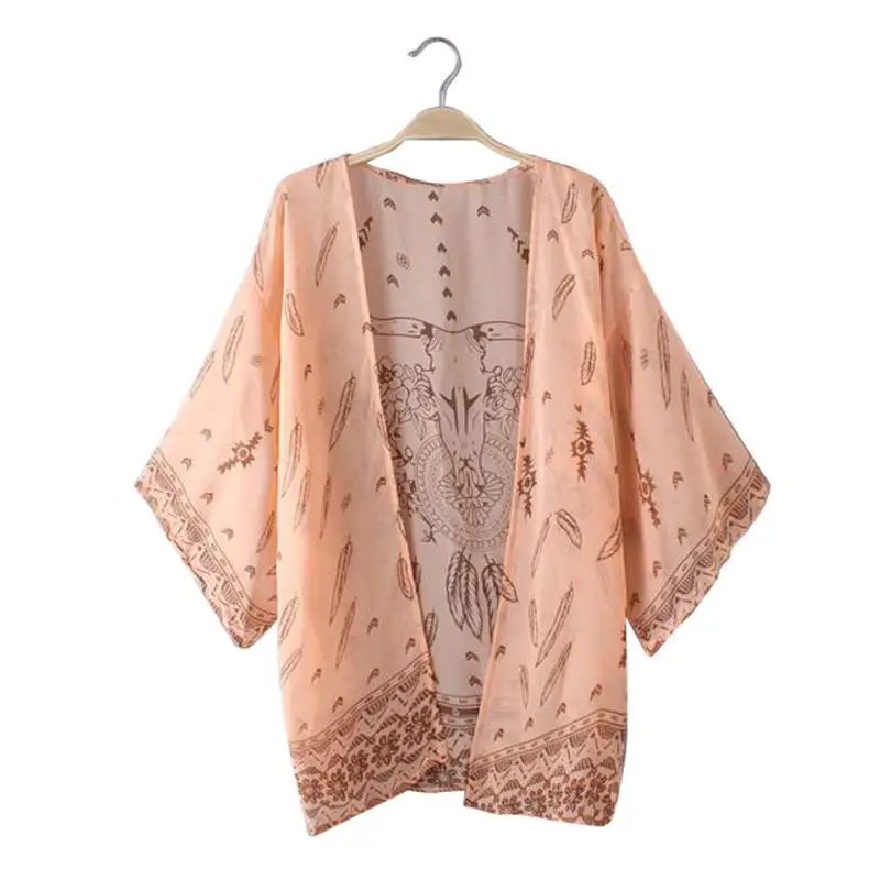 VOT7 vestitiy Women Boho Printed Chiffon Loose Shawl Kimono Cardigan
