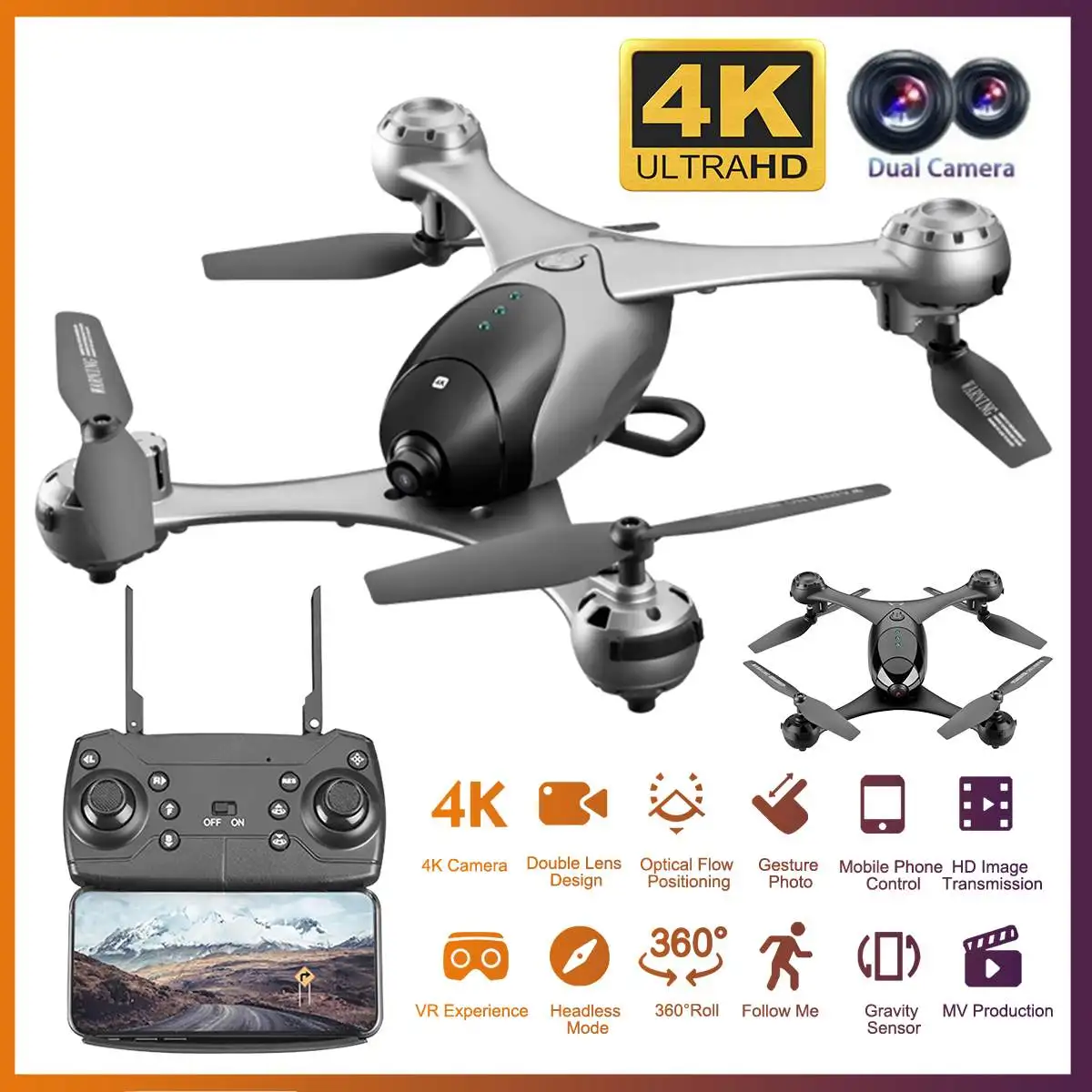 

4K HD Camera Drone With Camera HD Optical Flow Positioning Quadrocopter Altitude Hold FPV Quadcopters RC Helicopter