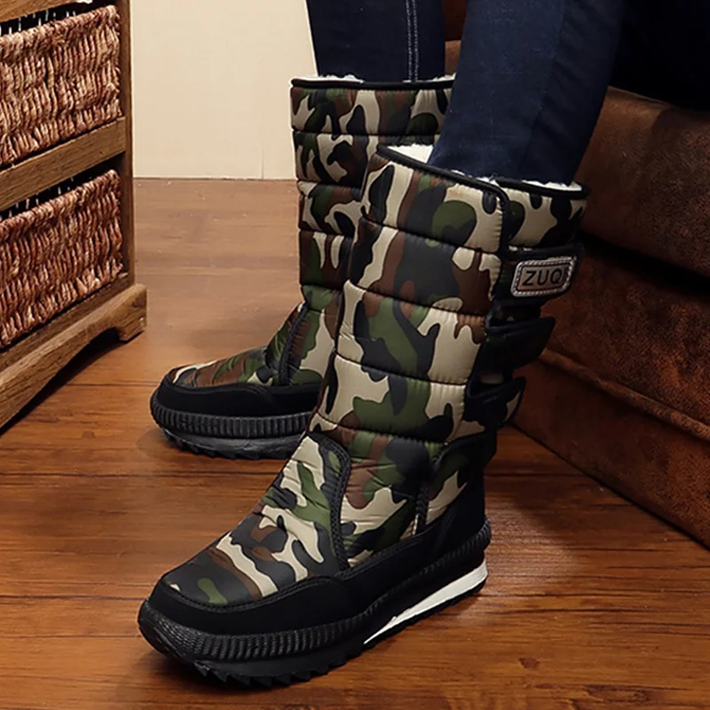 

Platform high heels men mid-calf boots waterproof winter snow boots army green short plush hook loop male boot