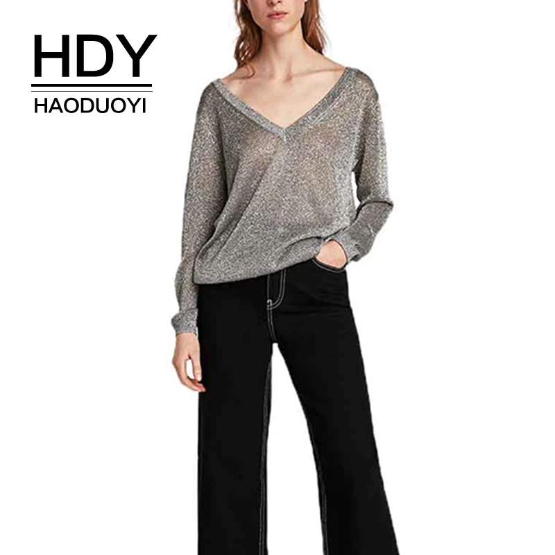 HDY Haoduoyi V Nneck Knit Micro Perspective Bright Light Metal Shiny Sweater 2020 New Ladies Simple Youth Bottoming | Женская одежда