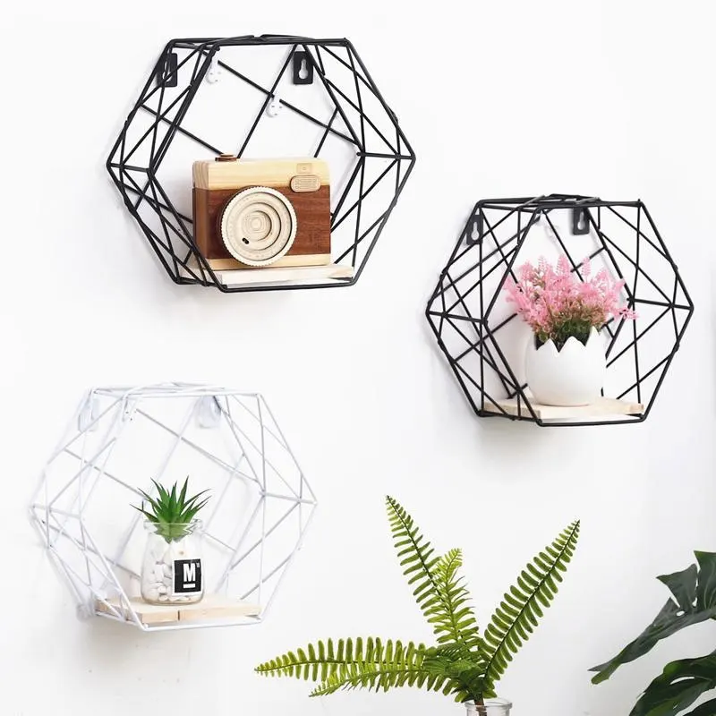 

Iron Display Shelf Hexagonal Shelf Innovative Modern Hanging Wall Storage Rack for Holder Drop Shipping White/Black Living