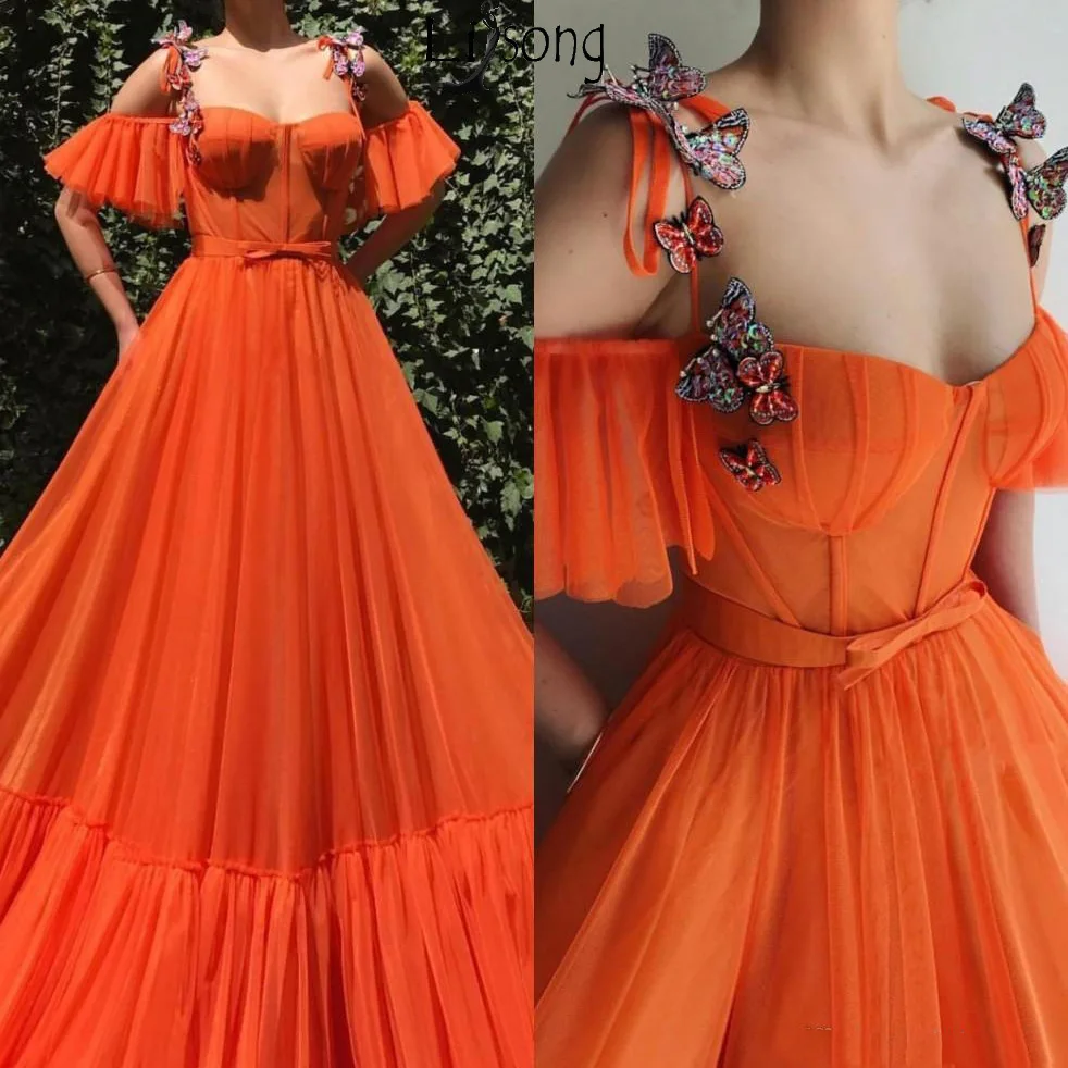 2019 Orange Red Spaghetti Straps Tulle A Line Long Prom Dresses 3D Floral Lace Butter Fly Beaded Floor Length Formal Party Evening Dresses129