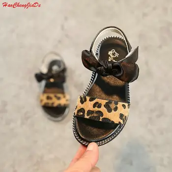 

2018 New Summer Girls Shoes Princess Children Open Toe Flats Beach Shoes Fashion Leopard Kids Sandals with Bow