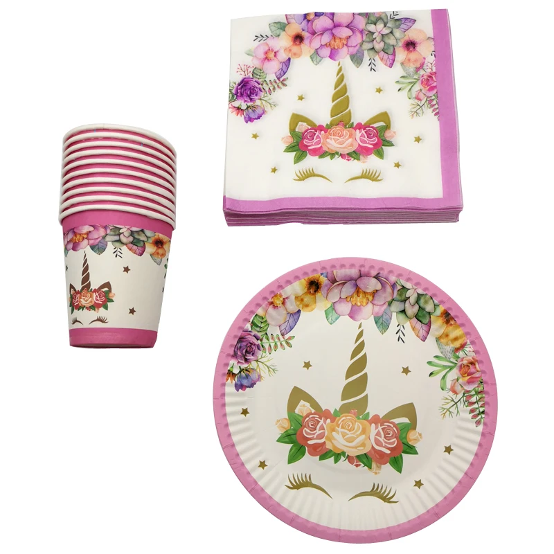

60pcs/lot Wedding Party Flower Unicorn Design Napkins Happy Birthday Decoration Plates Girls Kids Women Favors Events Paper Cups