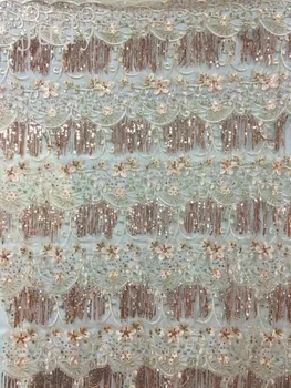 

sequins lace fabric CSH19# Wedding dress with 3 color fringe and sequins embroidered gauze for bridal wedding dress/sawing