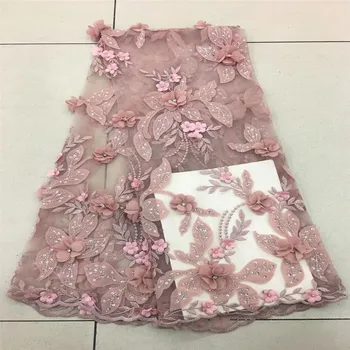

Pink Wedding Dress Lace Fabric, 3D Chiffon Flowers Nail Stones High End European Lace Fabric Free Shipping F385-2