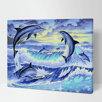 

MaHuaf-k001 Dolphins jump over sea painting by numbers animal canvas pictures for living room unique gift