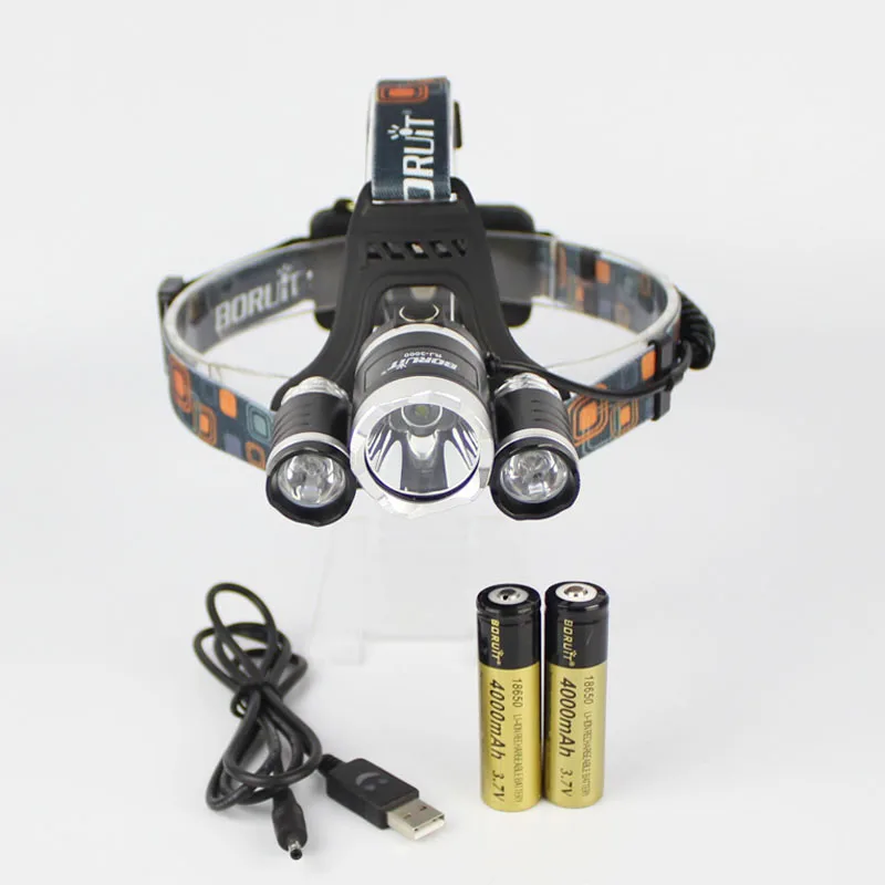 

BORUIT RJ-3000 1xCREE XML T6+2xCREE R2 1600 Lumens 4-Mode USB Rechargeable LED Headlamp+2x18650+1xCharger+1xUSB Cable