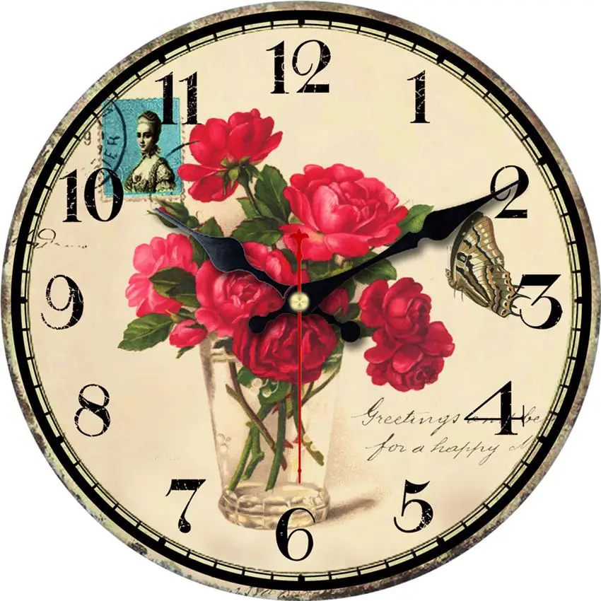 Настенные часы с подсолнухами, римские часы с деревянным каркасом, часы в средиземноморском стиле для домашнего декора, винтажные часы, не тикающий звук - Цвет: Flower Wall Clock 12