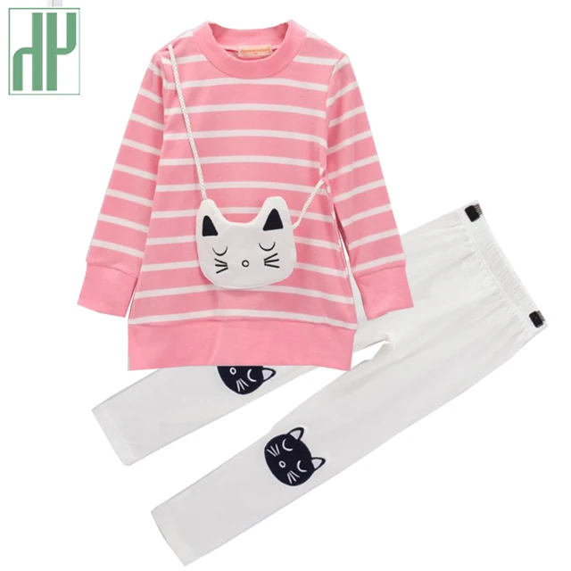 Kids clothes fashion teenage girls clothing sets striped shirt cat girls boutique outfits long