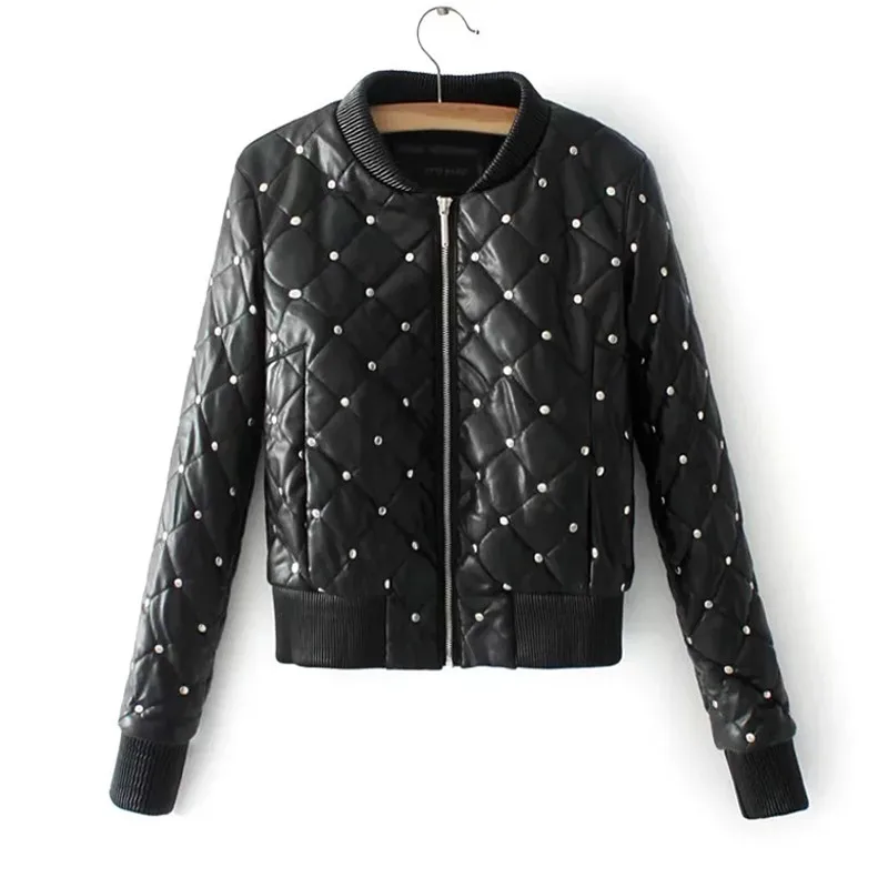

2019 Autumn Winter Women Thicke Cotton Pu Leather Coat Street Black Short Outerwear Rivets Faux Soft Leather Jacket