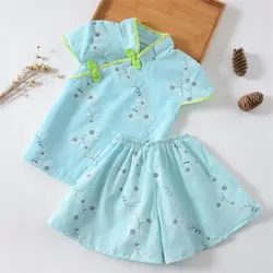 BibiCola/Летняя одежда для маленьких девочек модный детский комплект в китайском стиле Cheongsam Топ Футболка + Шорты костюмы из 2 предметов детская