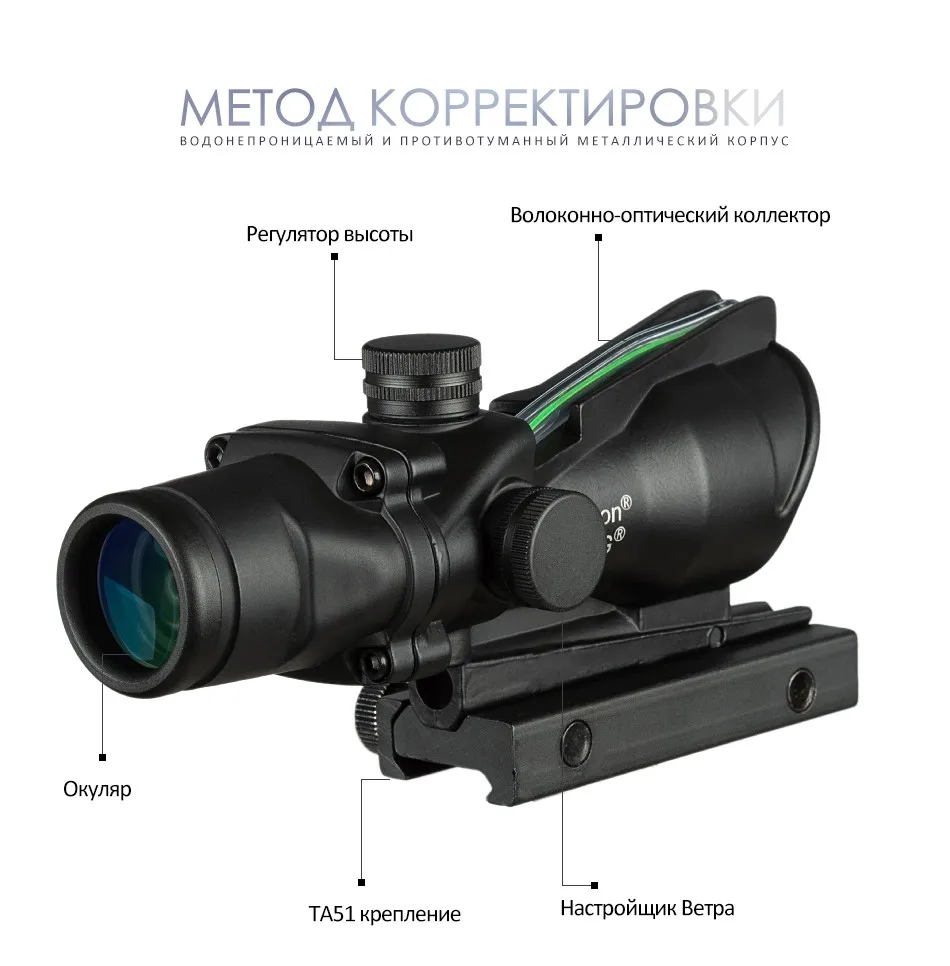 Охота Прицел ACOG 4X32 настоящий волоконный оптика красный освещенный точечный элемент Chevron Стекло гравированный сетка тактический оптический прицел