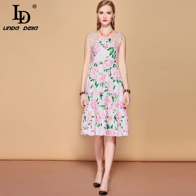 

LD LINDA DELLA 2019 Fashion Runway Casual Summer Dress Women's Floral Appliques Embroidery Floral Print Elegant Cotton Dress